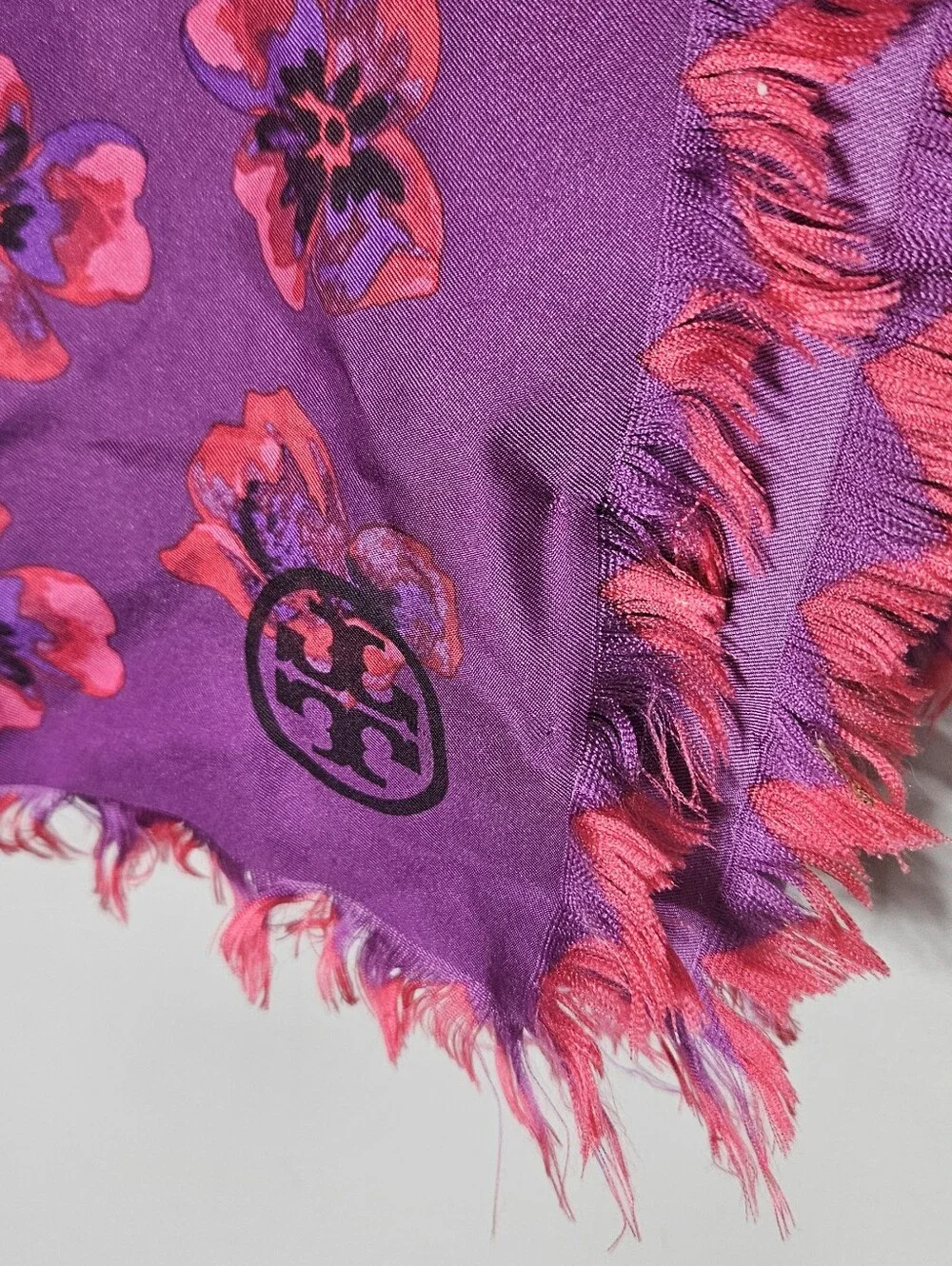Tory Burch Pansy Silk Scarf Purple Red Logo Fringe Edge 37